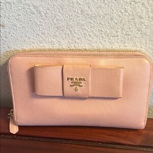 Prada Pink Saffiano Leather Bow Zip Wallet